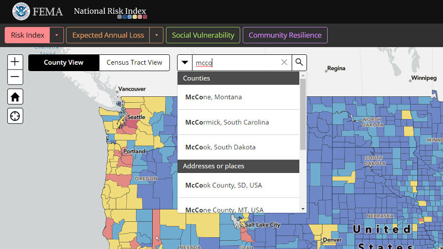 The Search feature of the National Risk Index Map with search criteria entered and search results.